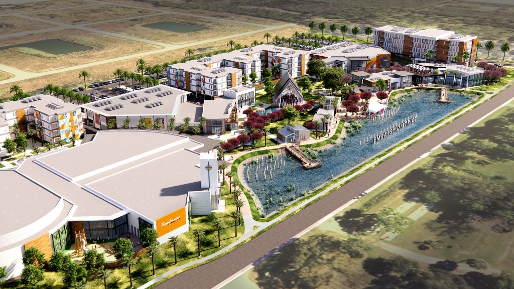 Sweeping architectural rendering of the completed district